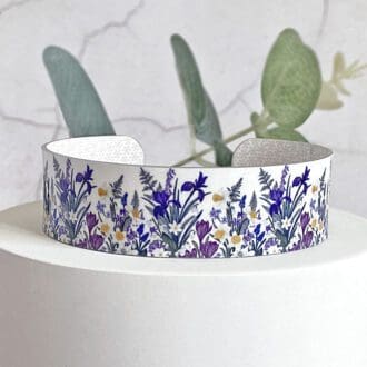 Iris, flowers bracelet, bangle, spring, daffodil, purple, violet, beige, handmade UK
