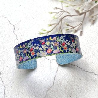 floral, flowers, metal, bracelet, bangle, cuff, navy, blue, mixed colours, colourful, jewellery, handmade UK, Decumi designs