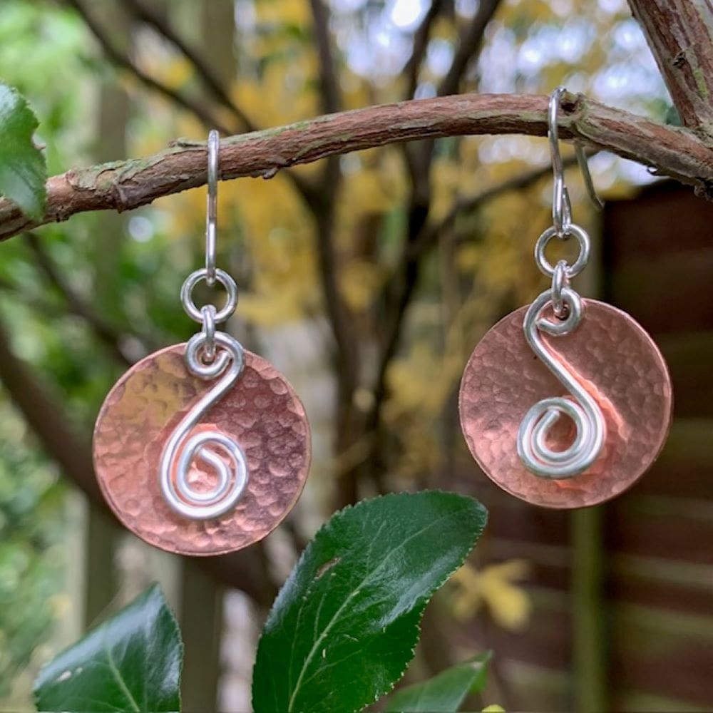Boho Copper Disc Dangle Earrings With Spirals
