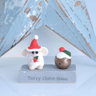 Merry Christmas Mouse and Christmas pudding decoration made from wood and clay