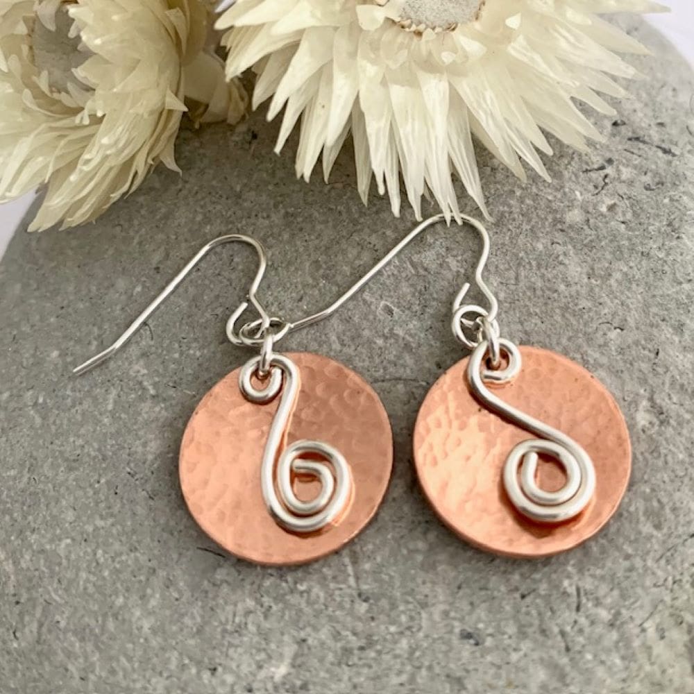 Copper Circle Textured Earrings with Silver Spirals