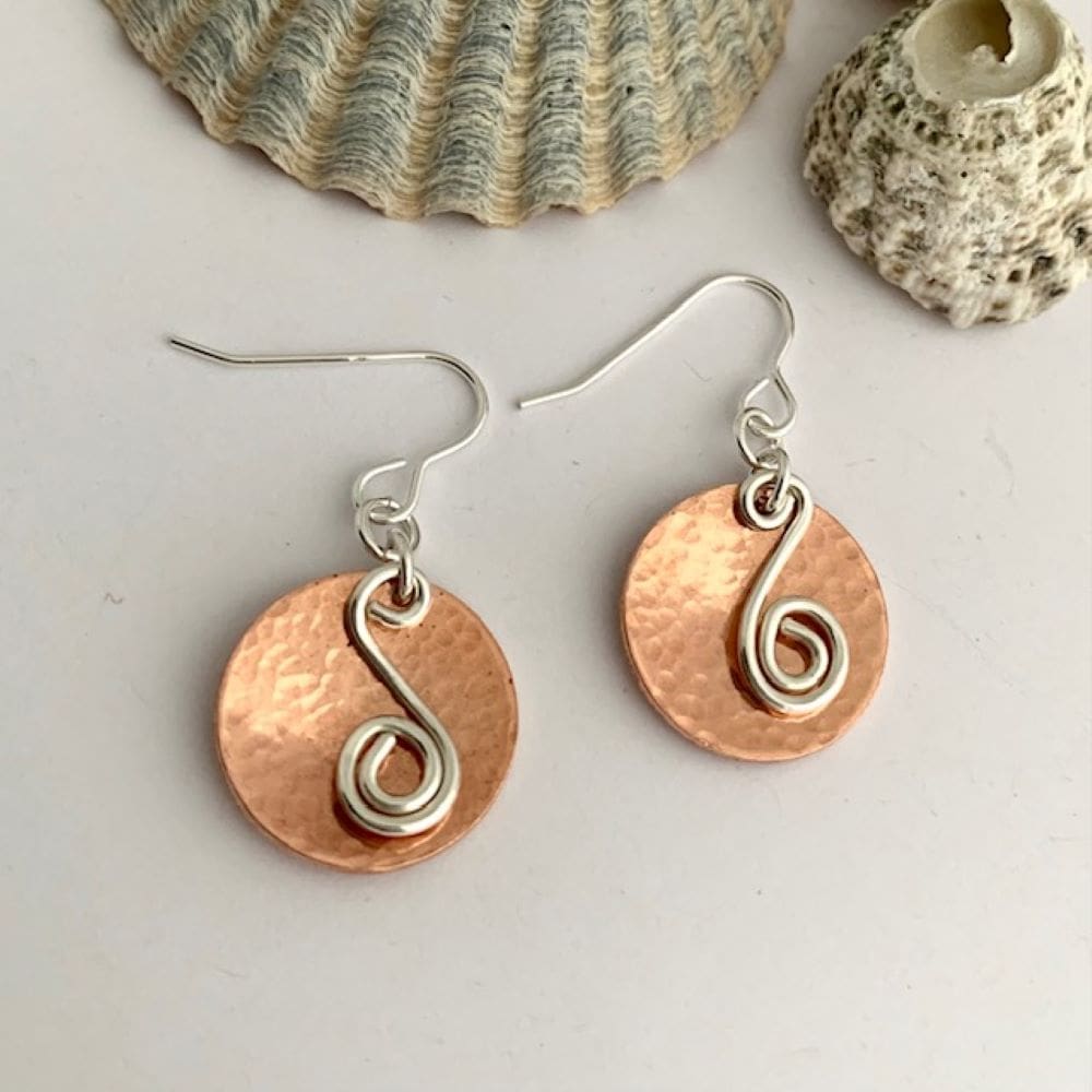 Copper Disc Earrings with 925 Sterling Silver Spirals
