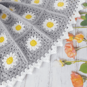 hand made Daisy Granny square afghan baby blanket approx 65cm square, made with 25 daisies which are surrounded in the colour of your choice and a white border added