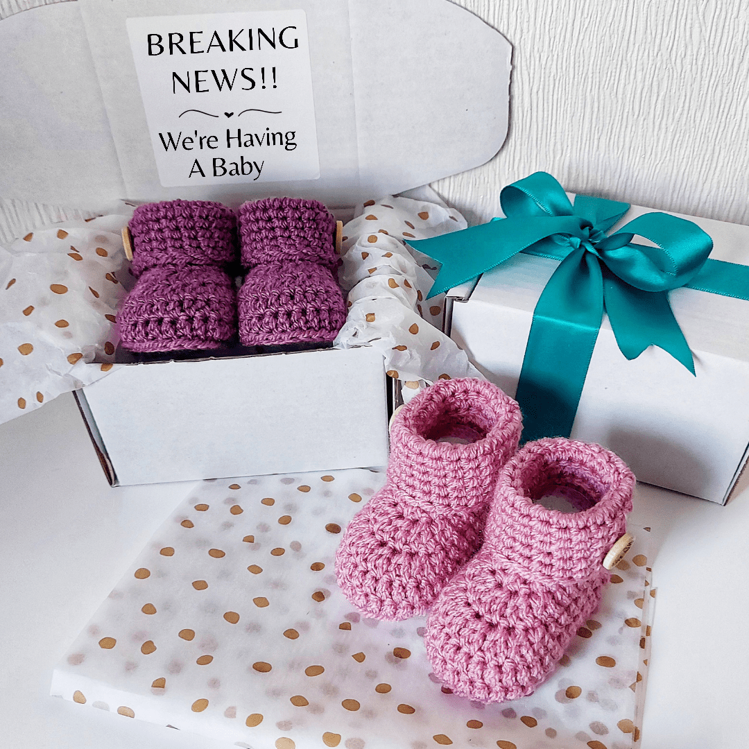 Baby Pregnancy reveal announcement idea for friends, grandparents and family including a pair of handmade crochet baby booties wrapped and boxed with preset text or personalised wording to surpirse your loved ones