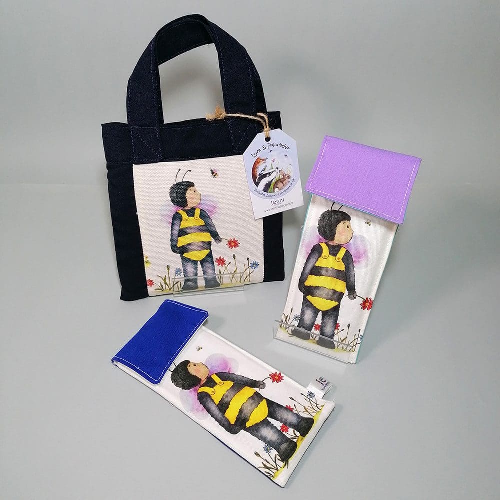Cute bee mini book bag containing a sketchbook, and colouring pencils. Plus mini doodle stationery kits containing 8 colouring pencils and blank bookmarks for decorating