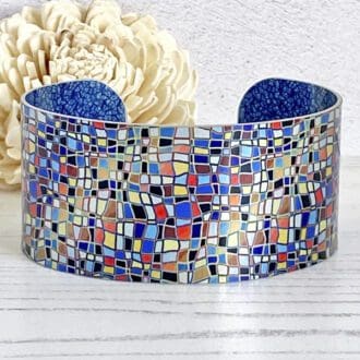 checkered, mosaic, metal, aluminium, bracelet, bangle, colourful, multi coloured, wide, cuff, artistic, abstract, jewellery, handmade UK