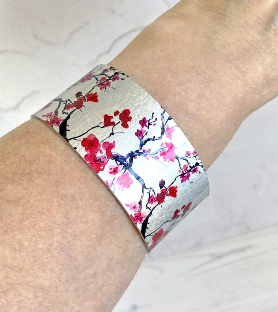cherry blossom, sakura, flowers, red, hot pink, wide, metal, aluminium, bracelet, bangle, jewellery, handmade UK, DeCumi Designs,