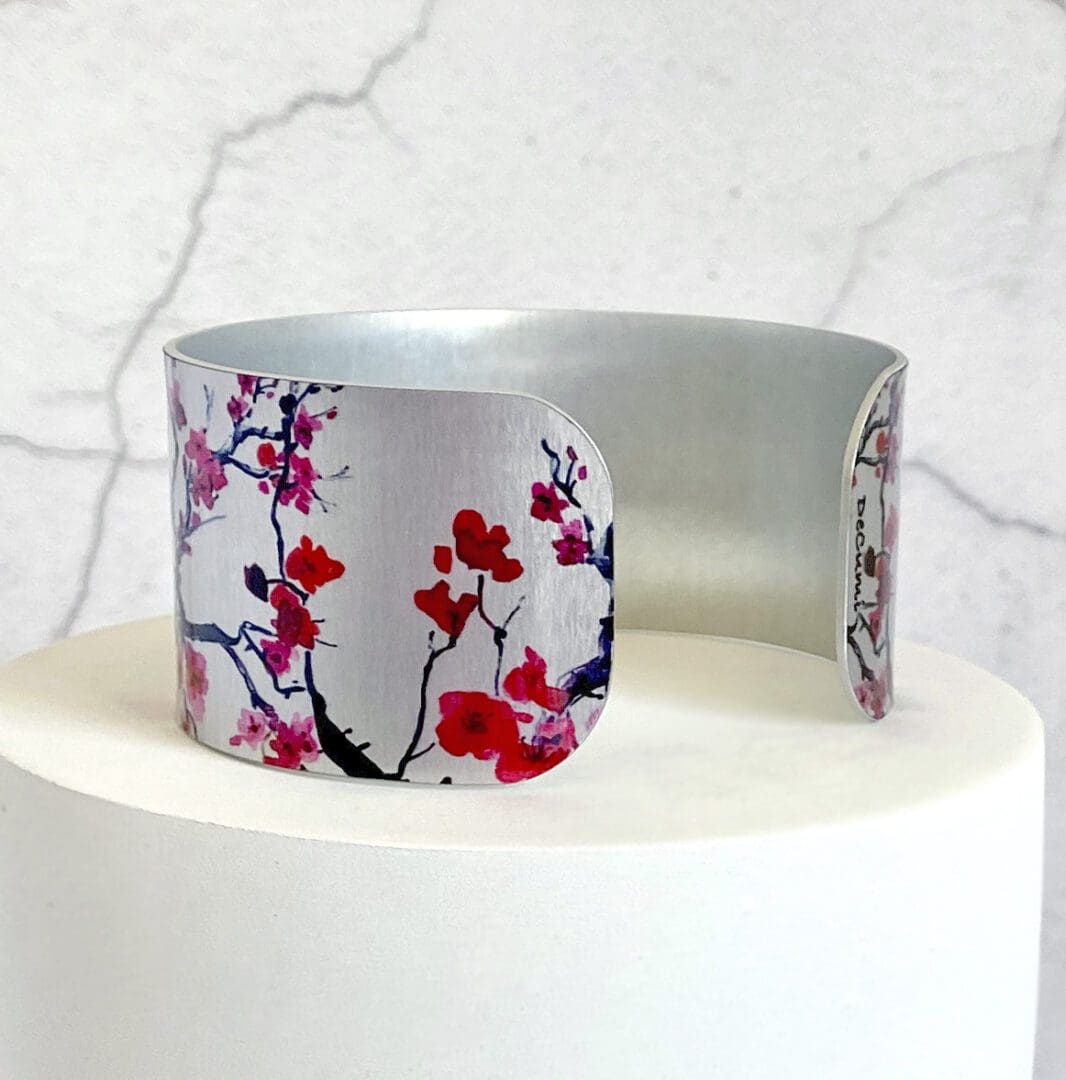 cherry blossom, sakura, flowers, red, hot pink, wide, metal, aluminium, bracelet, bangle, jewellery, handmade UK, DeCumi Designs,