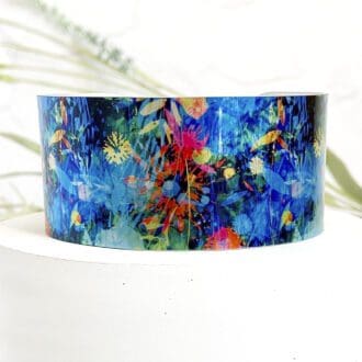 abstract, flowers, artistic, blue, wide, wrist, cuff, bracelet, bangle, handmade jewellery, made in UK, Decumi Designs