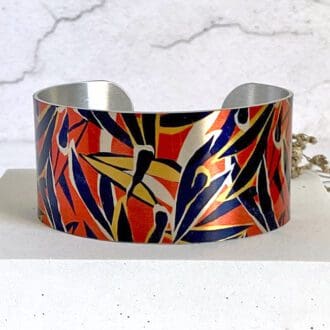 cuff bracelet, wide, bangle, metal, aluminium, orange, abstract, artistic, unique, colourful, handmade UK, jewellery, DeCumi Designs