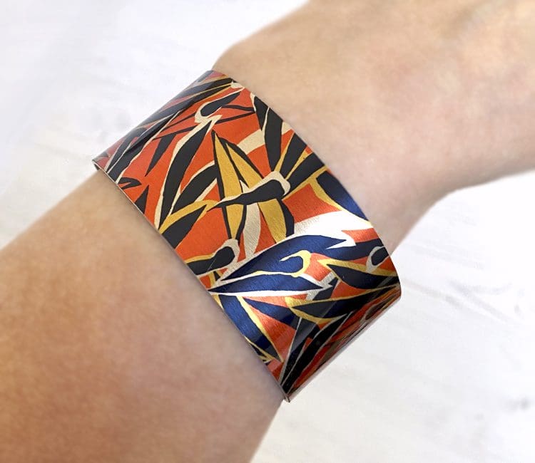 cuff bracelet, wide, bangle, metal, aluminium, orange, abstract, artistic, handmade UK, jewellery, DeCumi Designs