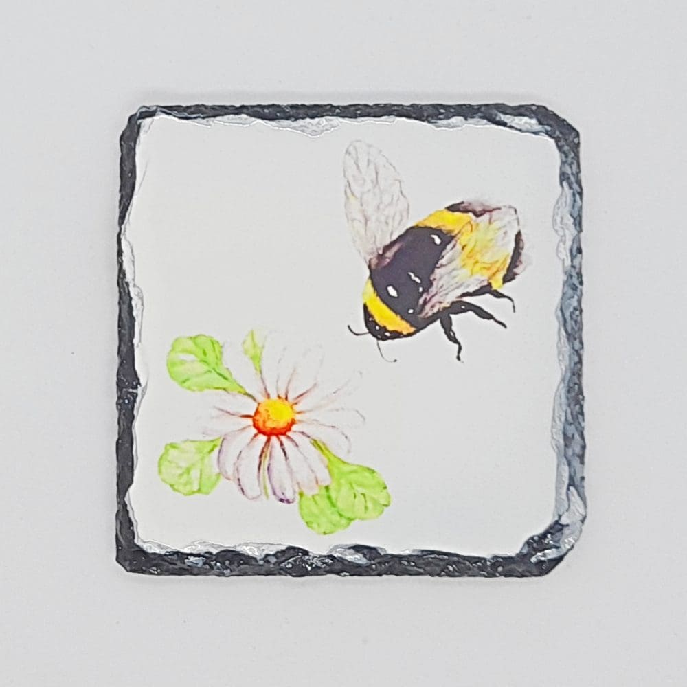 Slate coaster with bee and daisy artwork