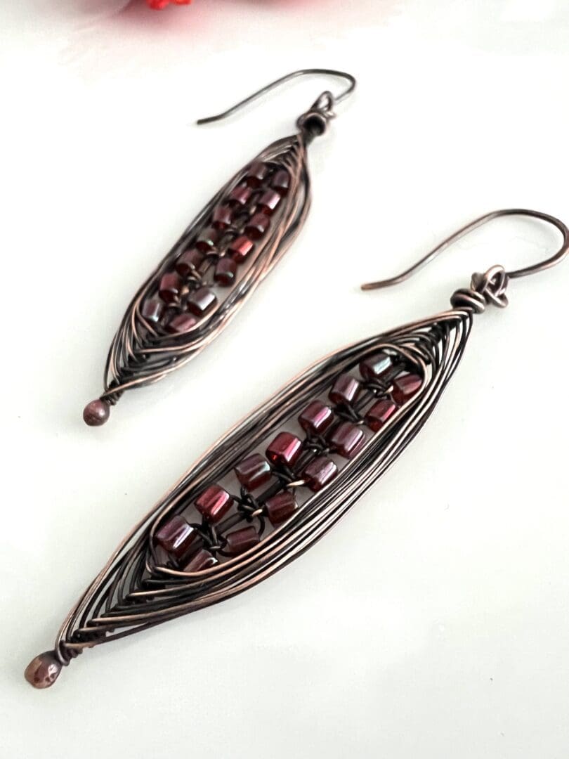 Dark Copper Herringbone Earrings with Red Gold Beads - TBCH