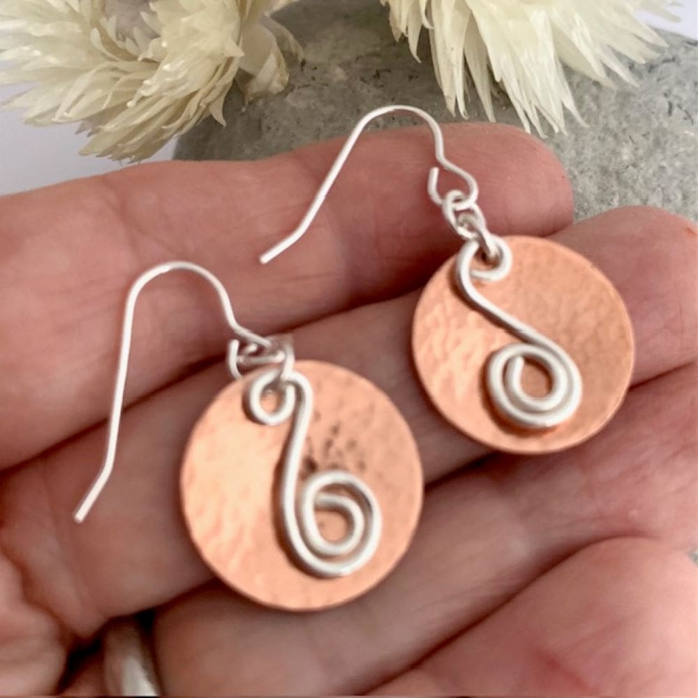Dimpled Copper Circle Earrings With Silver Spirals