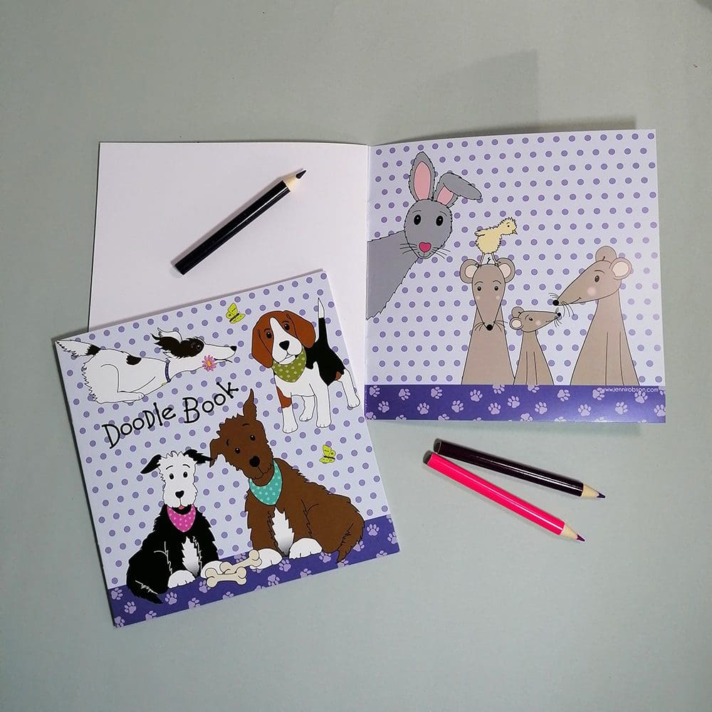 Doodle Book, a little square book with a spotty cover featuring various furry animals on the cover both inside and out. The book contains 20 blank white pages for sketching.