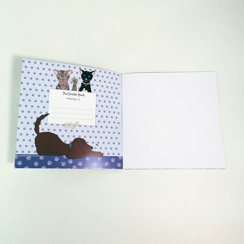 Doodle Book, a little square book with a spotty cover featuring various furry animals on the cover both inside and out. The book contains 20 blank white pages for sketching.