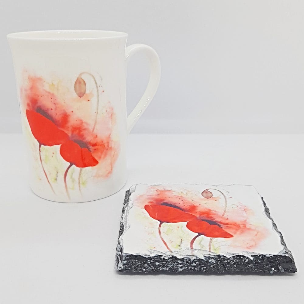Fine china mug and coaster duo featuring Dusky Poppies artwork
