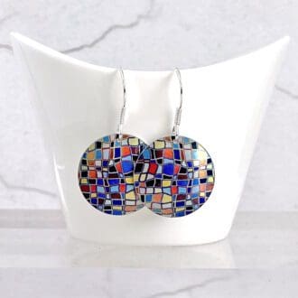 drop earrings, checkered, mosaic, metal, aluminium, , colourful, multi coloured, discs, circle, abstract, jewellery, handmade UK
