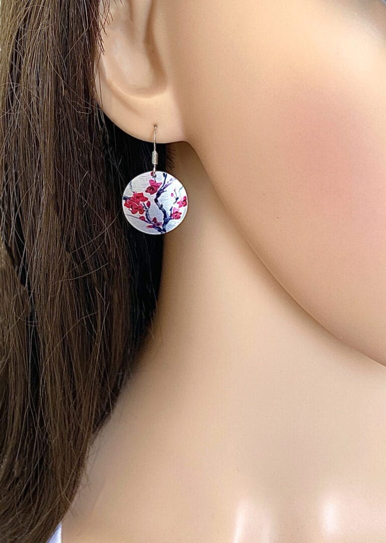 Sakura flowers, red, hot pink, handmade jewellery, aluminium metal earrings, round, disc, circle, dangle drops, sterling silver earwires
