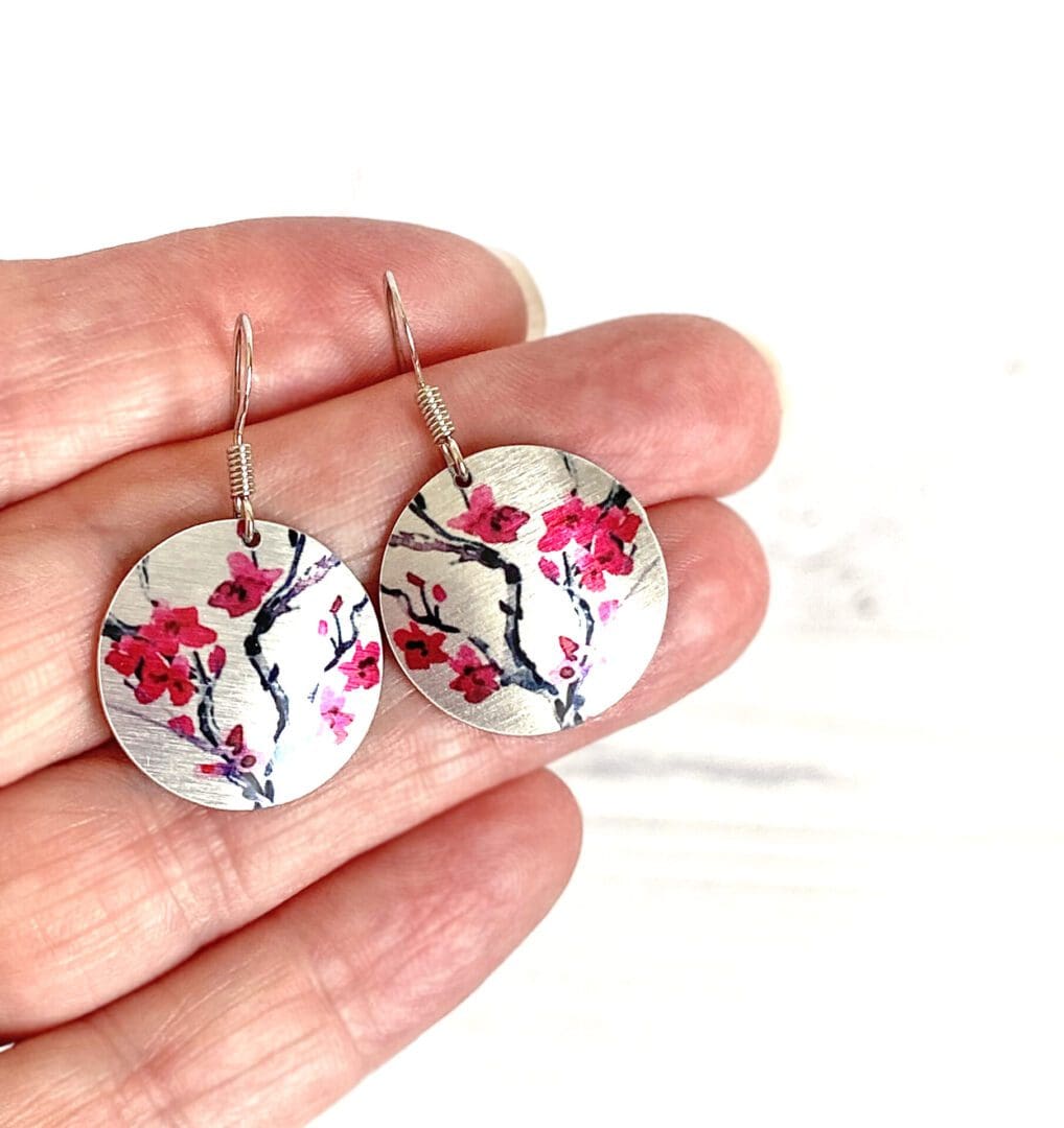 Sakura flowers handmade jewellery, aluminium metal earrings, round, disc, circle. dangle drops, red,hot pink