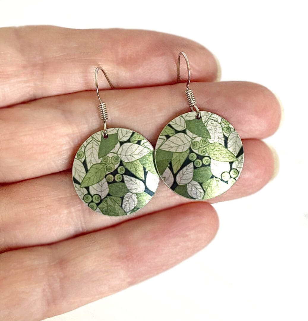 Olive green leaves, handmade jewellery, aluminium metal earrings, round, disc, circle, dangle drops, sterling silver ear wires