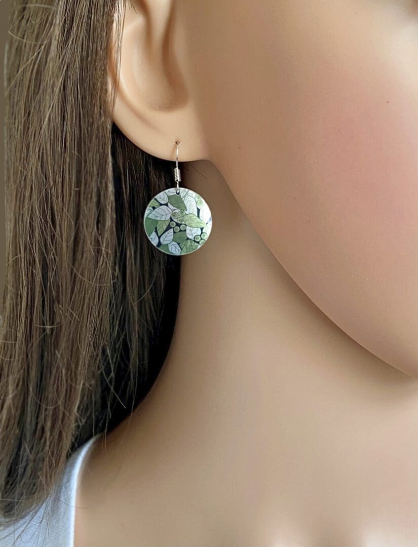 Olive green leaves, handmade jewellery, aluminium metal earrings, round, disc, circle, dangle drops, sterling silver ear wires
