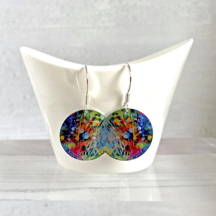 blue red artistic, handmade jewellery, aluminium metal earrings, round, disc, circle, dangle drops, sterling silver ear wires
