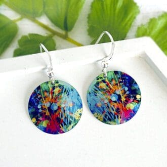 blue, red, artistic handmade jewellery, aluminium metal earrings, round, disc, circle, dangle drops, sterling silver ear wires