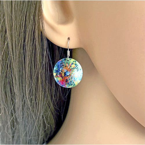 blue red artistic, handmade jewellery, aluminium metal earrings, round, disc, circle, dangle drops, sterling silver ear wires
