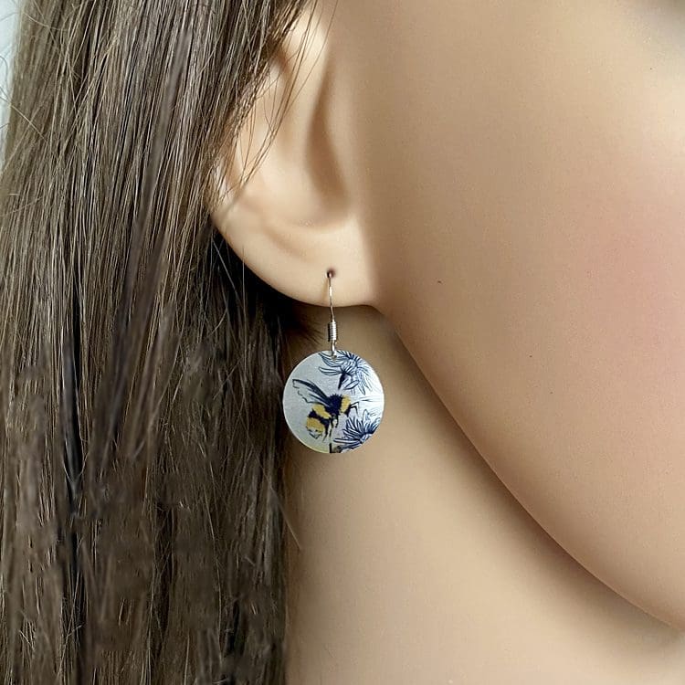 Insects, yellow bees, handmade jewellery, aluminium metal earrings, round, disc, circle, dangle drops, sterling silver earwires