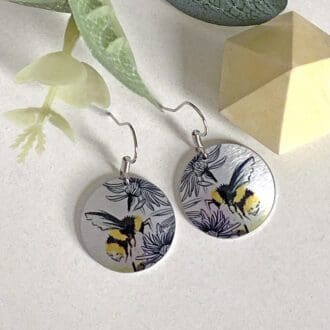 Yellow bees, handmade jewellery, aluminium metal earrings, round, disc, circle, dangle drops, sterling silver earwires