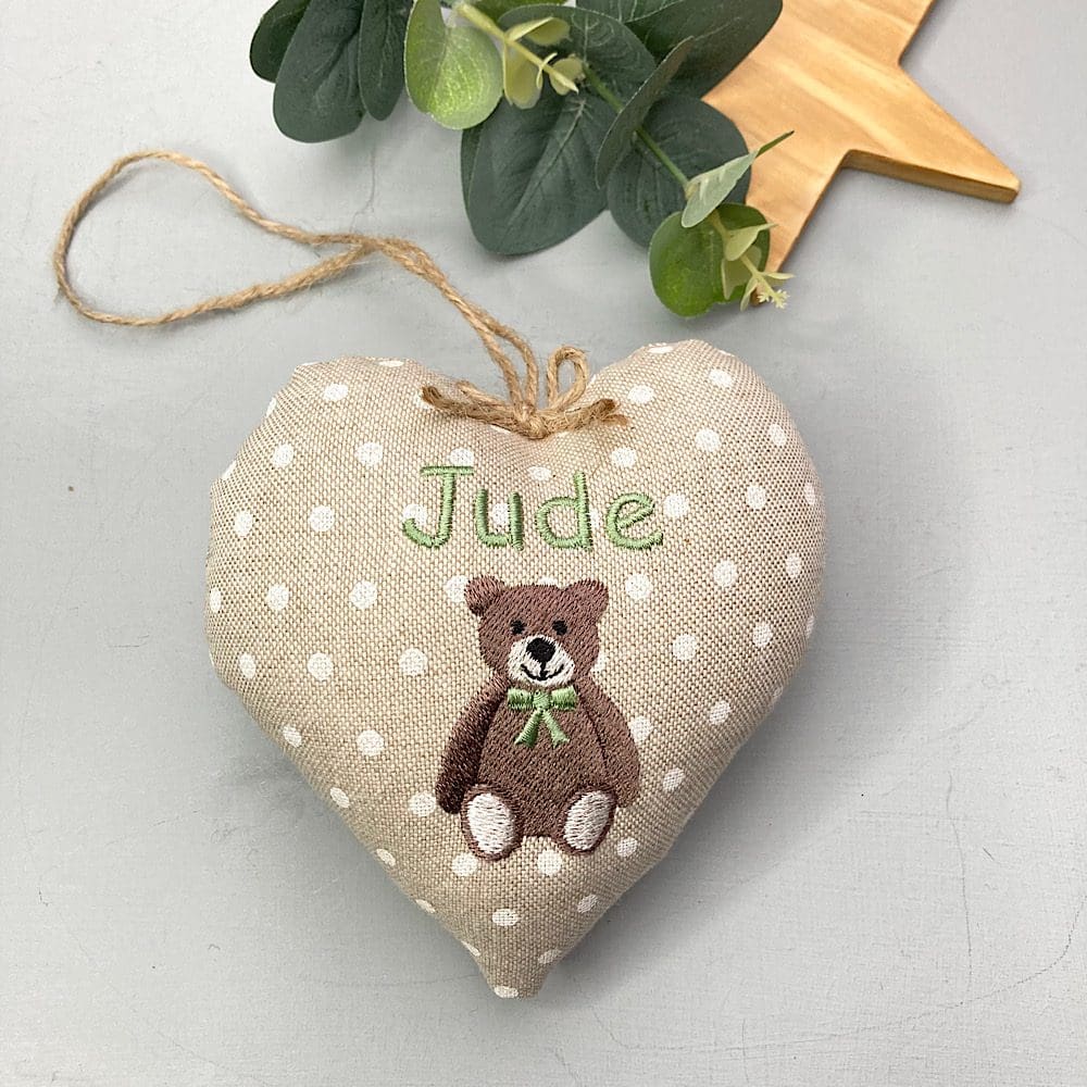 Embroidered personalised heart with teddy bear motif