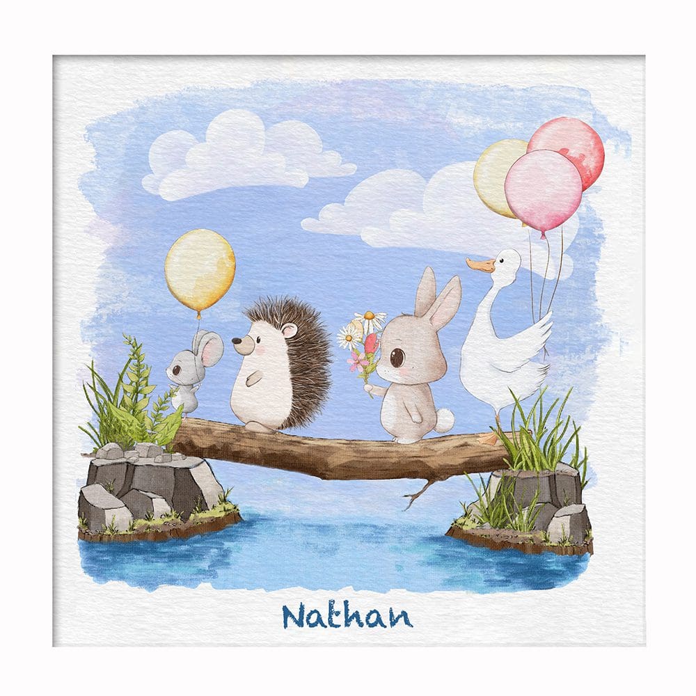 Childrens cute animal digital art print, customizable with childs name