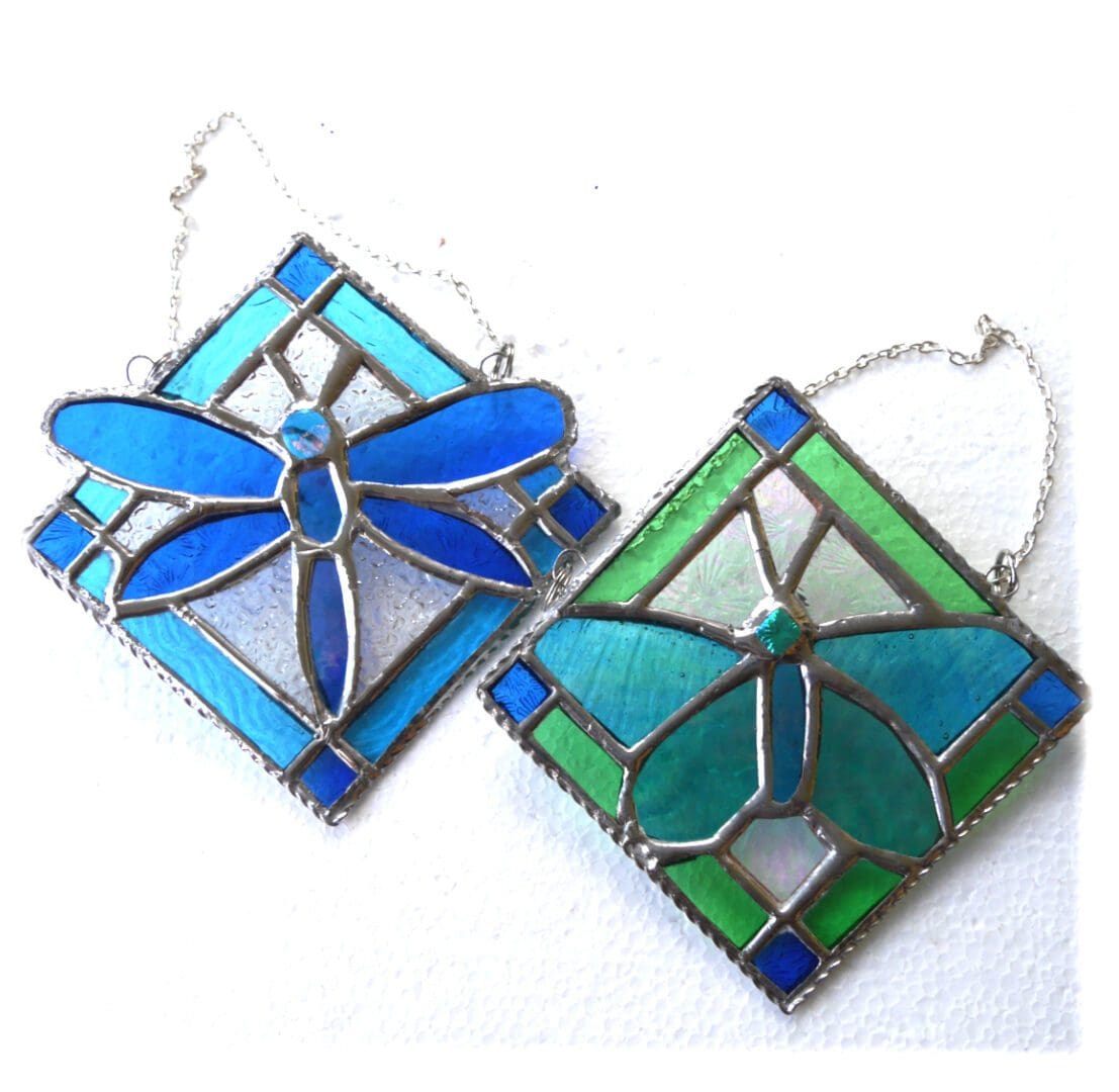Framed stained glass dragonfly butterfly tile suncatcher mothers day teal green sky blue