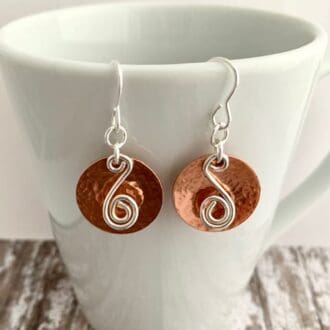 Hammered Copper Disc Earrings with Silver Spirals