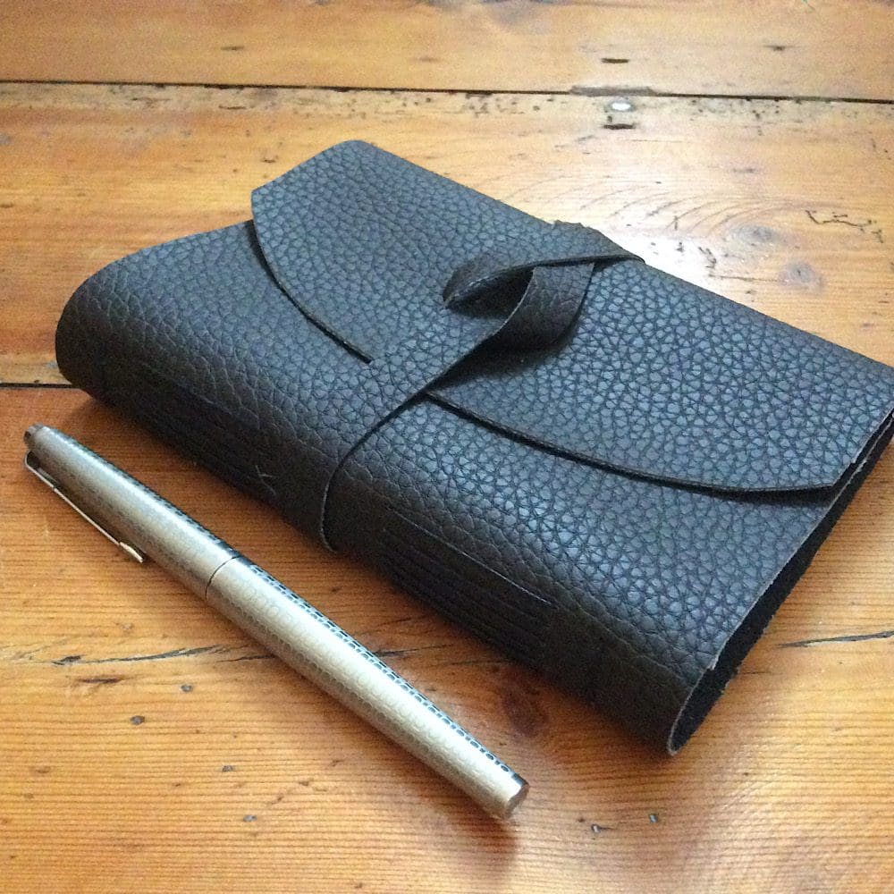 Handbound Black Faux Leather A6 Wrap Journal with plain paper