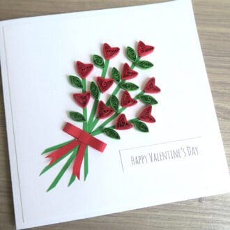Handmade square Valentine's Card with a bouquet of quilled red tulips and a "Happy Valentine's Day" greeting