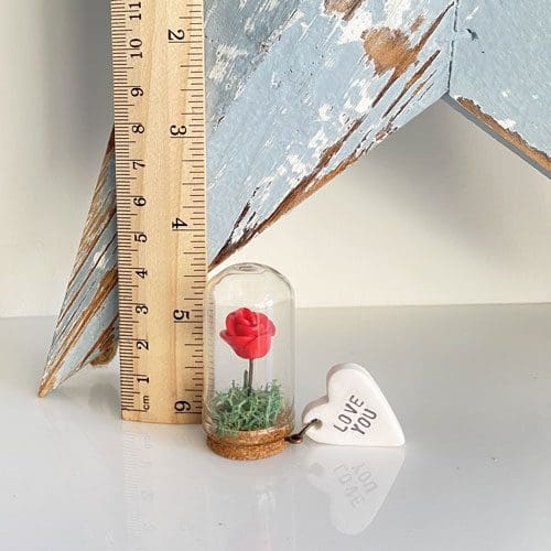 Love You miniature handmade clay rose set under a glass cloche