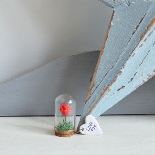 Love You miniature handmade clay rose set under a glass cloche
