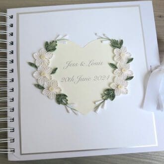 Handmade quilled wedding guest book personalised with names and date