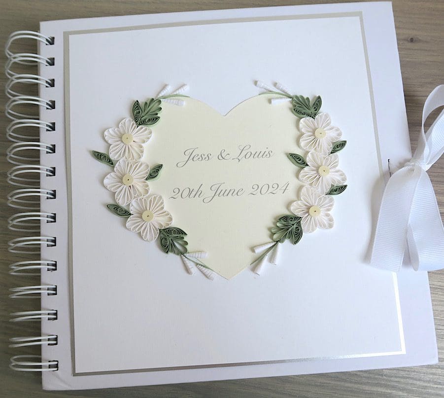 Handmade quilled wedding guest book personalised with names and date