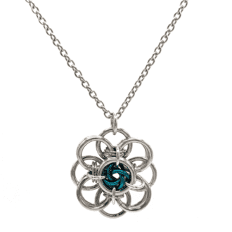 Pretty flower shaped pendant made from silver coloured rings making the petals and smaller coloured rings in the centre.