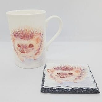 arty hedgehog on china mug and coaster