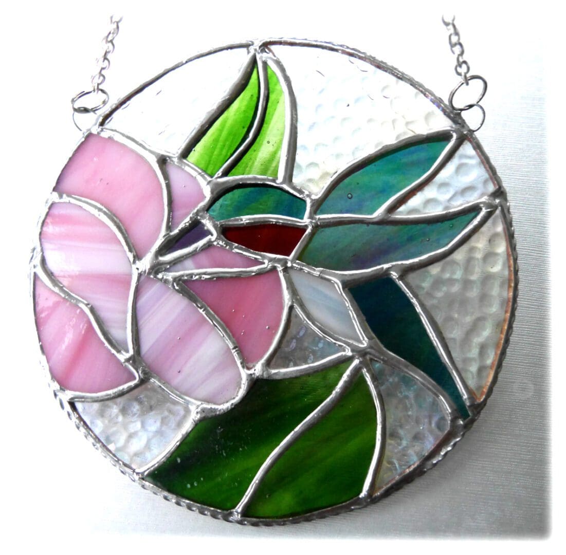 Hummingbird Pink flower stained glass ring suncatcher Handmade British