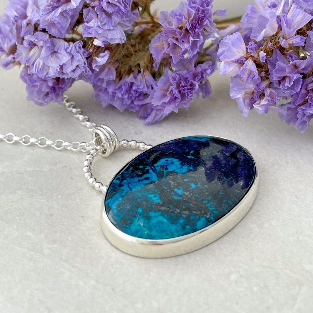 Turquoise and Inky blue shattuckite gemstone necklace handmade in silver