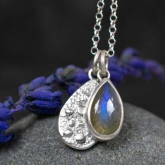 Labradorite Charm Necklace with brushed Argentium Sterling Silver. Textured Teardrop shaped Charm and Blue Flash natural Labradorite.