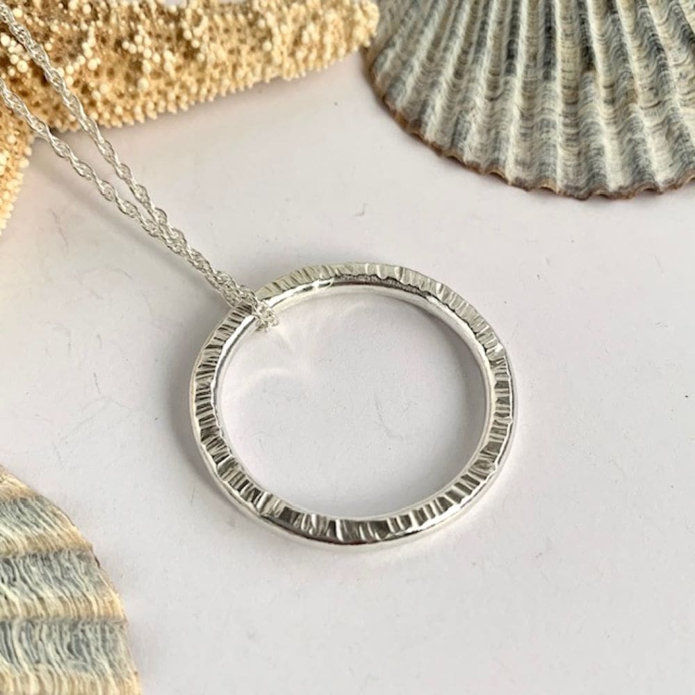 Line Hammered 925 Sterling Silver Circle Pendant