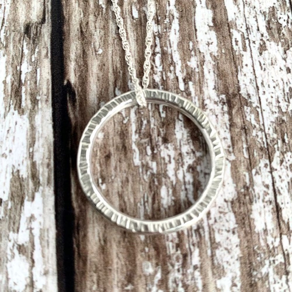 Line Hammered Circle Sterling Silver Necklace