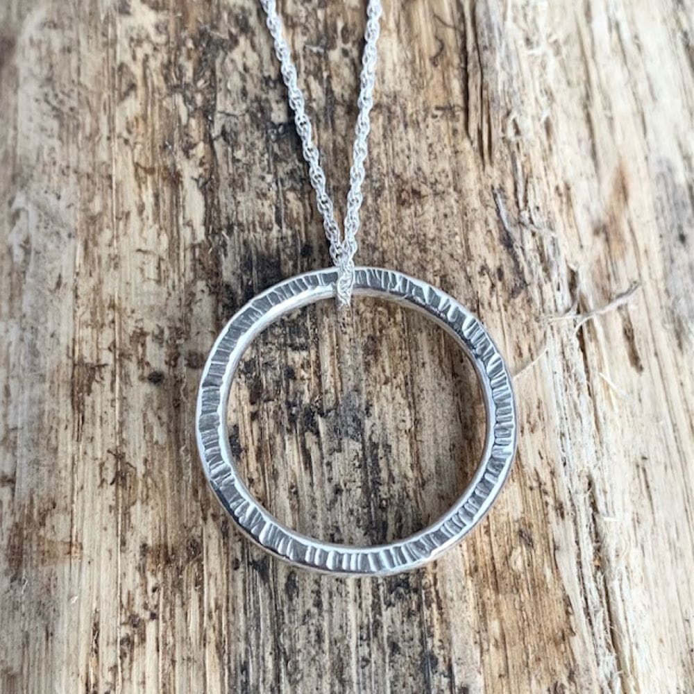 Line Hammered Round Circle Sterling Silver Necklace