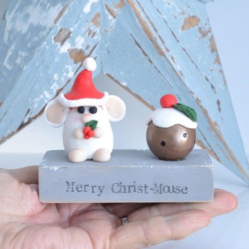 Merry Christmas Mouse and Christmas pudding decoration made from wood and clay